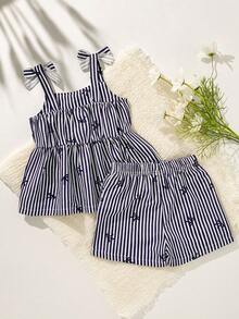 SHEIN 2件套女婴幼儿/新生儿0-3岁休闲日常可爱度假条纹蝴蝶结装饰吊带背心+短裤套装，春夏款 - 黑色 - 查看 2