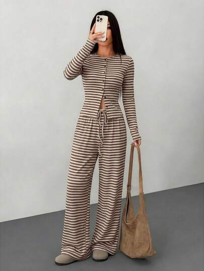 SHEIN PETITE 2pcs Women Casual Striped Front Button Long Sleeve Top And Wide Leg Pants Set, Spring And Summer