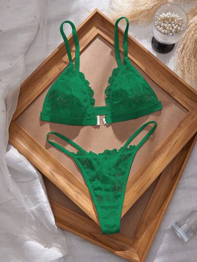 Crystal Vow 2 piezas Conjunto de lencería con cierre delantero de encaje sexy para mujeres