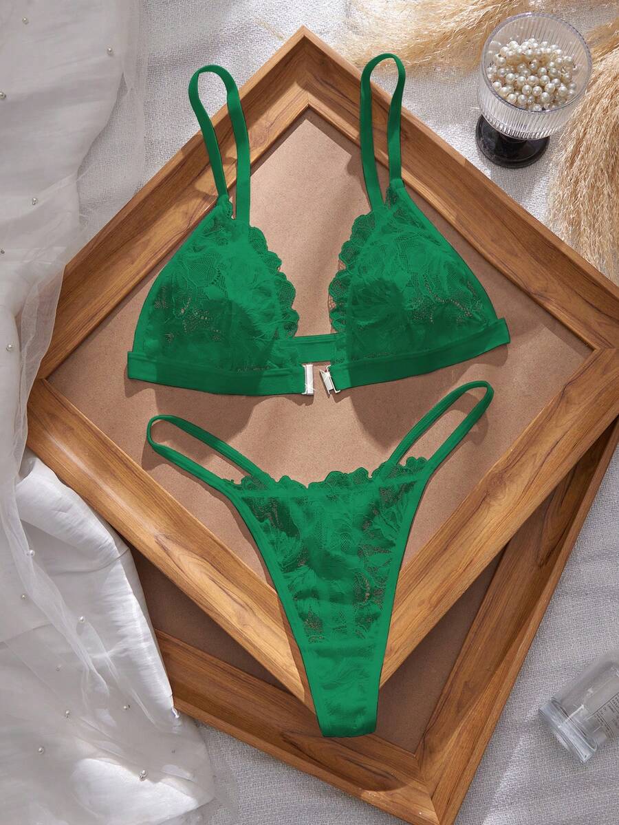 Crystal Vow 2pcs Sexy Lace Patchwork Front Closure Lingerie Set For Women - Green - View 1