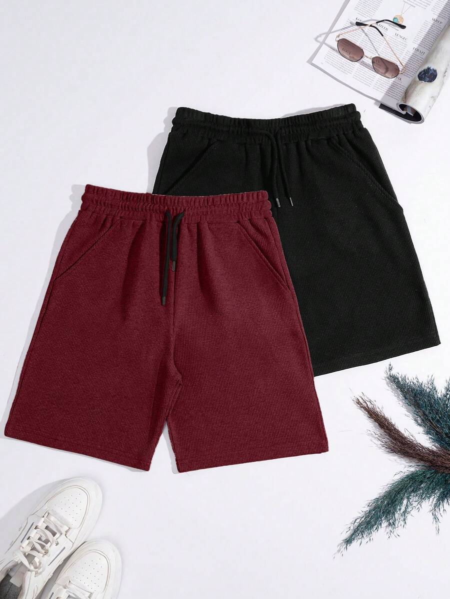 EURMUSE Men's Basic Waffle Fabric Shorts 2 Packs - Burgundy - View 1