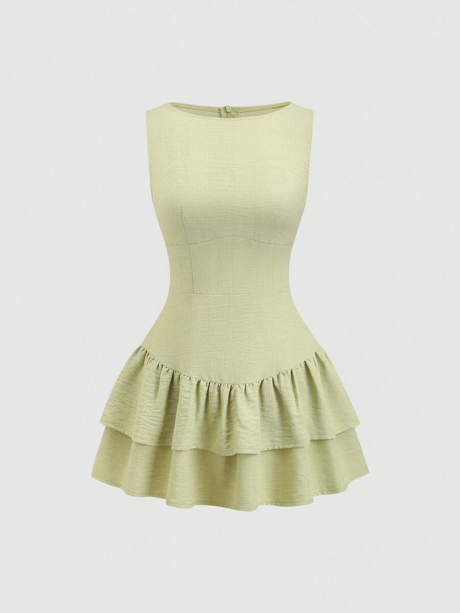 SHEIN Sweetro Đầm mini không tay dáng chữ A hai lớp xếp nếp, phong cách cổ điển lãng mạn thanh lịch, tinh nghịch dễ thương ngọt ngào kiểu Bohemian, thích hợp cho lễ hội âm nhạc, kỳ nghỉ, hẹn hò, đi làm, mùa xuân/hè/thu/đông. - màu xanh lá - Xem 1