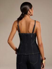 Normani Áo hai dây denim xẻ tà cài cúc phía trước thời trang mùa hè dành cho nữ - Rửa tối - Xem 2