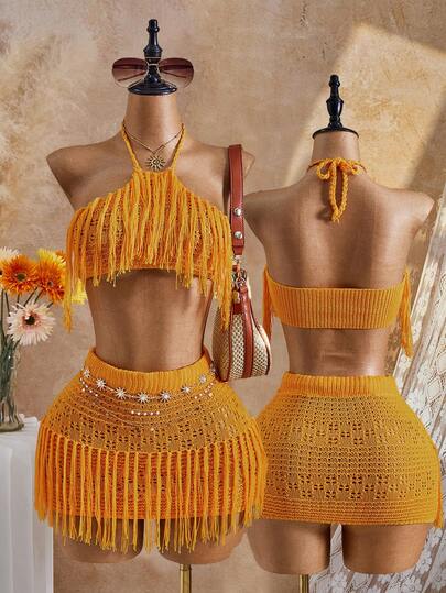 Bellisia Bộ đồ hai mảnh màu vàng gợi cảm kiểu yếm cổ, có tua rua, thích hợp cho kỳ nghỉ xuân/hè 26SS.