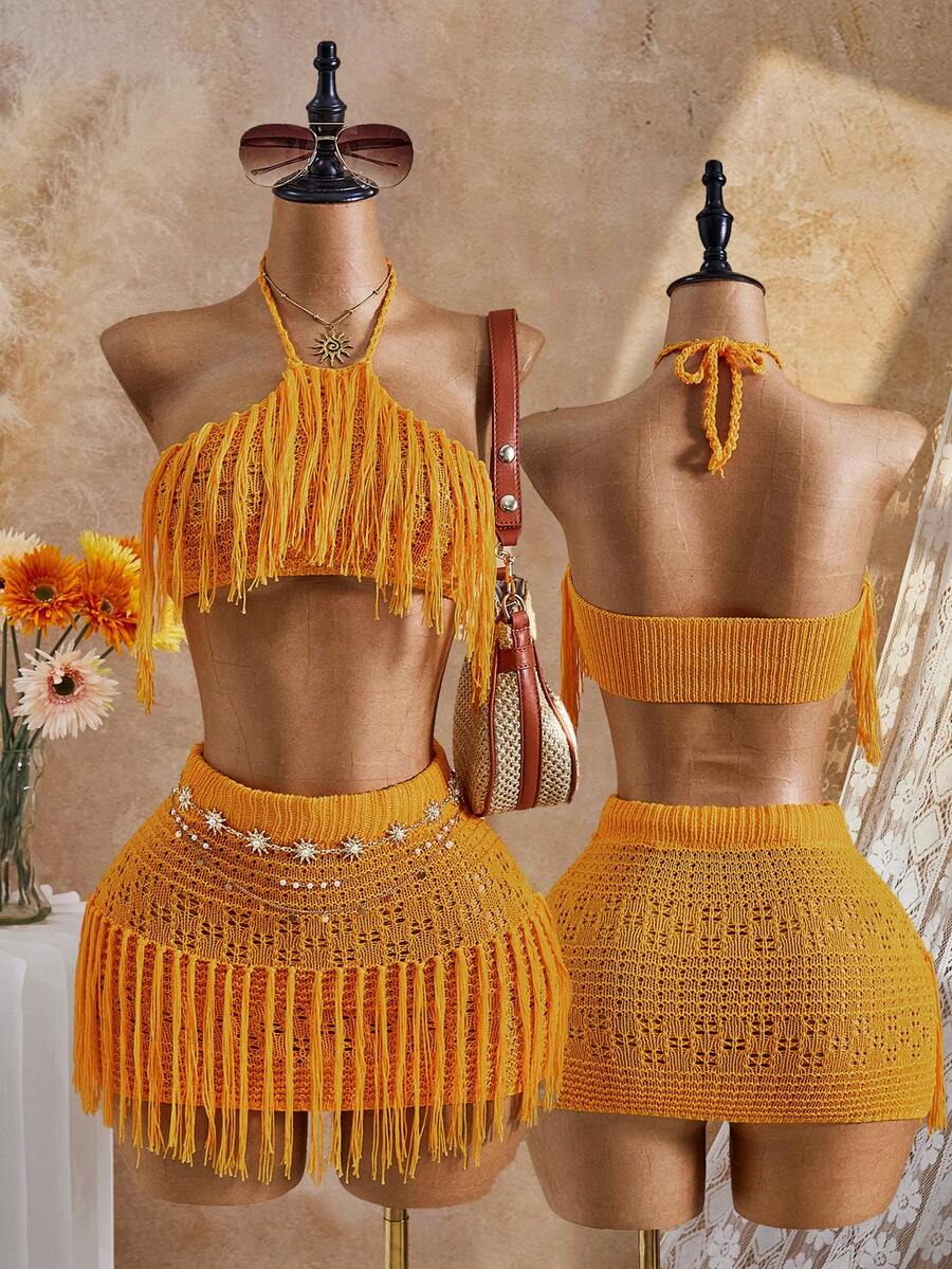 Bellisia 26SS 春夏度假沙滩性感黄色露背流苏两件套 - 黃色 - 查看 1