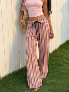 CovetEZ Women's Drawstring Waist Striped Wide Leg Loose Casual Pants - Pink - View 2