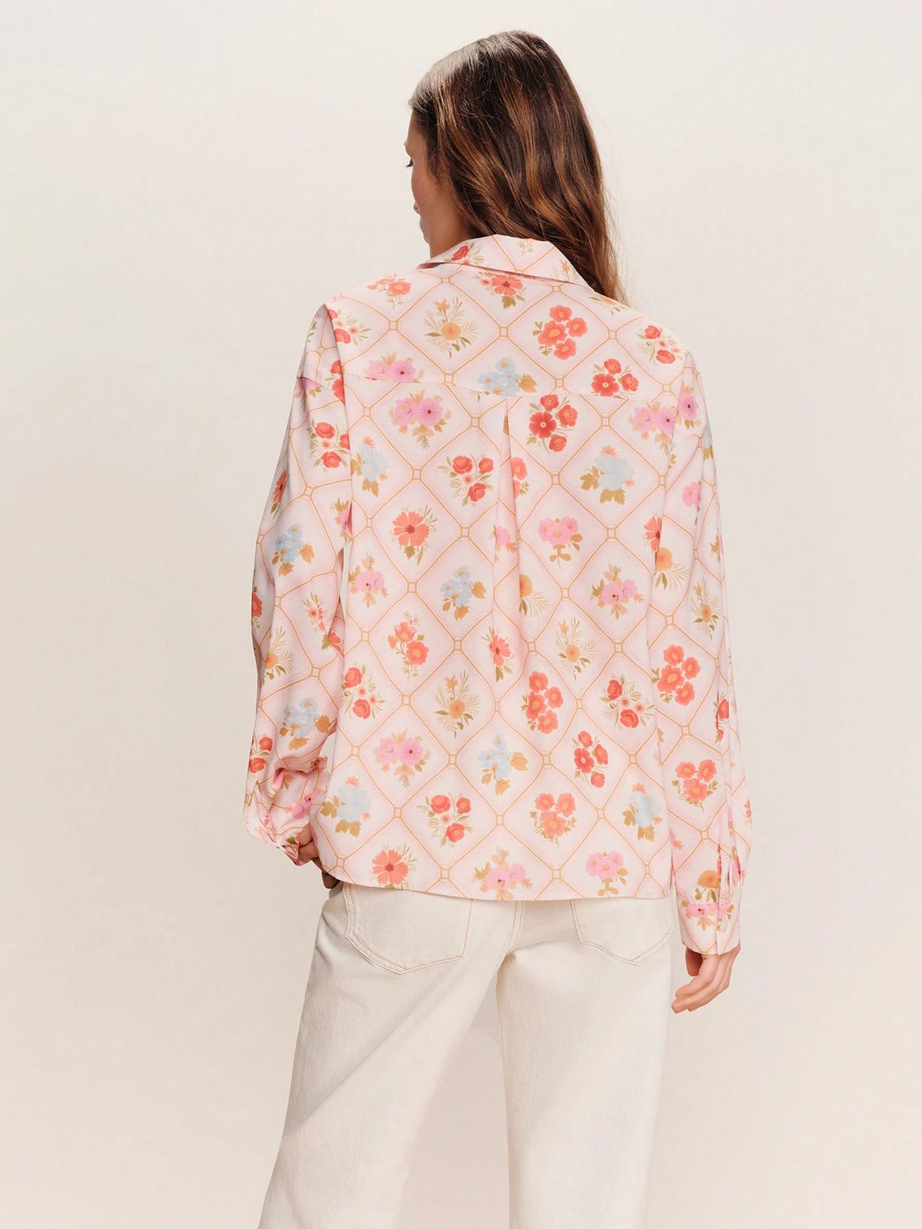 Lightweight Relaxed Pink Shirt With A Floral Graphic Print And Long Sleeves Spring Summer Style Office Outfit Going Out French Style Shirt Floral Shirt Business Casual Vacation Top
