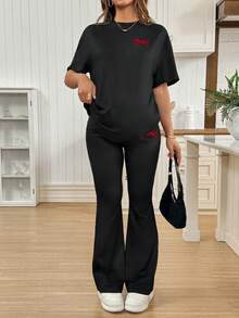 SHEIN Bow Print T-Shirt Paired With Adjustable Waist Slim Flare Pants, Solid Color Maternity 2 Pieces Set - Black - View 10