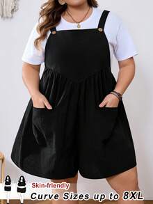 SHEIN CURVE+ Kích cỡ US22, phù hợp cho lễ hội âm nhạc, kỳ nghỉ bên bờ biển, phong cách bohemian. Bộ jumpsuit xếp ly màu trơn, kiểu dáng thường ngày dành cho nữ cỡ lớn, thích hợp cho mùa xuân và mùa hè, với thiết kế hai túi. - màu đen - Xem 10