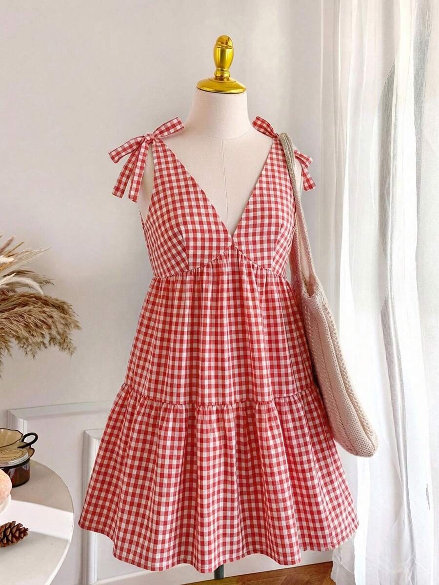 SHEIN EZwear 女士休闲度假V领红白格子系腰带加大码连衣裙 - 紅白色 - 查看 1