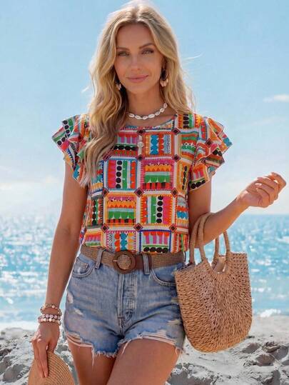 Sylviya 女士休闲纹理荷叶袖度假花卉衬衫