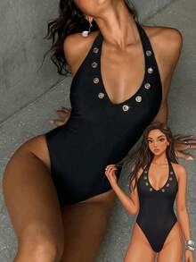 Aloruh Damen Einteiler Badeanzug in Schwarz, elegantes, sexy tief ausgeschnittenes Damen Urlaubsoutfit, Lochstickerei Dekor Damen Musik Festival Kleidung - Schwarz - Übersicht 12