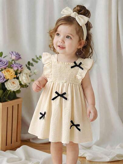 SHEIN Vintaside Kids 1 pieza Vestido básico y versátil para niñas bebé, con diseño de volantes en las mangas, cuello cuadrado, fruncido en el frente y lazo decorativo, de grosor regular y unicolor, apropiado para primavera/verano, uso diario, escuela, viajes y vacaciones
