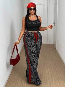 SHEIN CURVE+ 2025新款女士加大码休闲豹纹撞色腰带蝴蝶结直筒裤，时尚百搭 - 彩色 - 查看 6