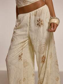 MUSERA Beaded Embellished Wide Leg Flowy Trousers Coord Bottoms Only Spring Summer Going Out Night Out Occasion Holiday Sexy Cute Embellished - Cream - View 6