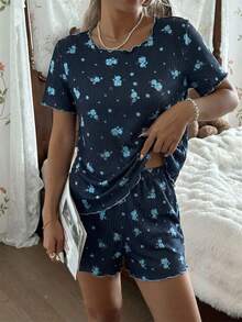 CottageSlumber Floral Rib Knit Loose Fit Short Sleeve & Shorts Pajama Set For Women - Navy Blue - View 7
