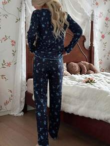 CottageSlumber 女士可爱碎花罗纹边长袖长裤浪漫碎花睡衣套装 - 藏蓝色 - 查看 2