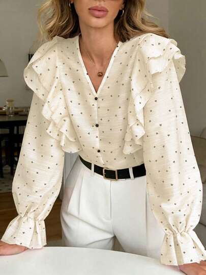 Pariaura Blusa rosa con estampado de corazón, cuello con volantes y manga larga, estilo francés, adecuada para primavera, verano, otoño e invierno, top elegante casual para mujer, atuendo para Acción de Gracias y Navidad, apropiada para citas, ocasiones casuales y formales