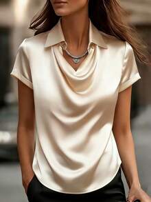 Ellegaria. 女士垂褶领短袖缎面纯色衬衫，适合春、夏、秋、冬四季穿着，适合约会、优雅休闲、通勤、度假、商务办公等场合，百搭时尚，日常休闲穿着，尽显优雅气质，女士休闲上衣 - 杏色 - 查看 4