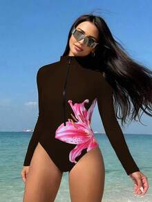 Swim SPRTY Bộ đồ bơi liền thân nữ in hoa, tay dài, cổ cao, kiểu dáng thường ngày, thích hợp mặc đi biển. - Cà phê nâu - Xem 3