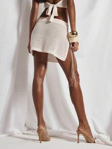 MUSERA Crochet Knit Low Rise Pearl Beaded Belted Mini Skirt Spring Summer Elegant Vacation Holiday Ibiza Club Occasion Sexy Seashell Shores - Beige - View 4