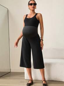 MaterniWear 可调节腰围休闲百搭孕妇七分裤，适合日常穿着 - 黑色 - 查看 5