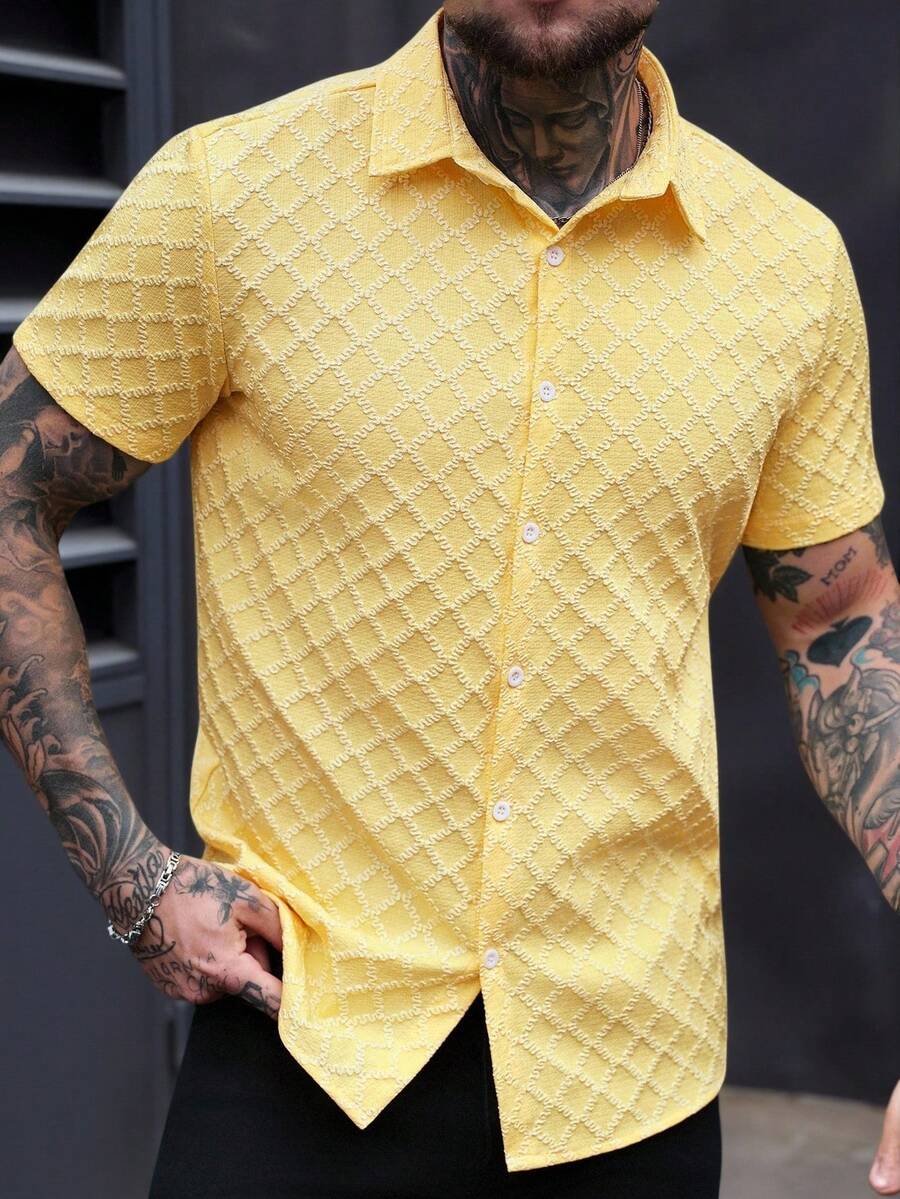Manfinity CasualCool 男士菱形格纹翻领单排扣休闲百搭日常短袖衬衫 - 黃色 - 查看 1