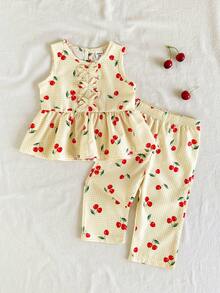 SHEIN Vintaside Kids 女婴两件套夏季套装，蓝白格子樱桃印花无袖上衣搭配同色长裤，清新乡村风，适合海滩度假、公园郊游和日常穿着。 - 黃色 - 查看 1