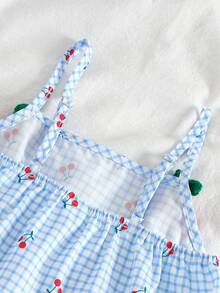 SHEIN Vintaside Kids Adorable Young Girls Fitted Blue Checkered Cherry Embroidered Camisole Top And Shorts Outfit - Blue - View 5