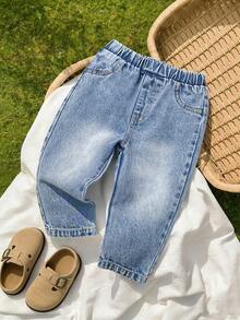 Vintaside Kids 1件装男婴夏季新款牛仔修身裤，松紧腰带，仿口袋设计，休闲街头风长裤 - 藍色 - 查看 4