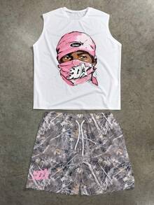 Manfinity ZONE917 男士街头嘻哈粉色迷彩印花图案背心和短裤套装 - 彩色 - 查看 1