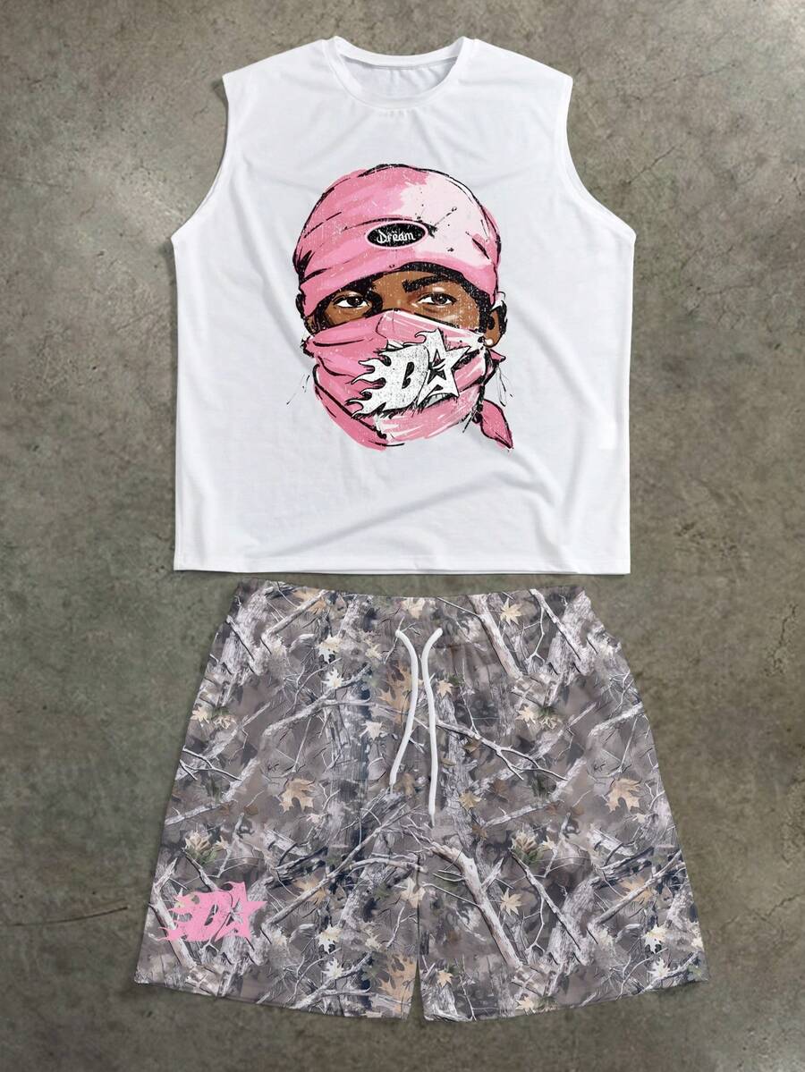 Manfinity ZONE917 男士街头嘻哈粉色迷彩印花图案背心和短裤套装 - 彩色 - 查看 1