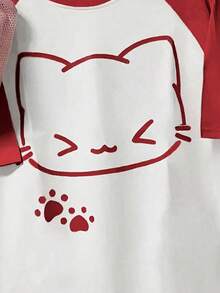 EMERY ROSE Camiseta casual de mujer con estampado de gato de dibujos animados y mangas raglán de color contrastante - Rojo - Ver 3