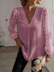EMERY ROSE Plus Size Women Casual/Work Solid Color Lantern Sleeve Top - Dusty Pink - View 3