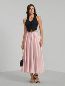 SHEIN Tall Chân váy xếp ly dáng chữ A đơn giản bằng vải satin màu be dành cho nữ. - Hồng - Xem 5
