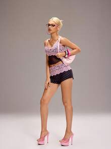 Y2Kool Vecteezy Top de tirantes casual con contraste de lunares en negro y rosa, encaje, malla y lazo, estilo Y2K, adecuado para primavera/verano, fiestas, vacaciones, playa, deportes y uso diario - Rosa - Ver 6