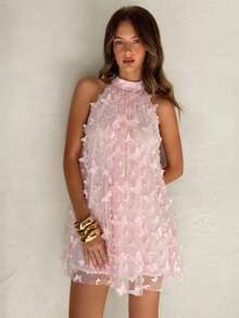 Aloruh 粉色露背蝴蝶网纱迷你连衣裙，适合婚礼、度假、音乐节、演唱会、毕业典礼等场合。 - 粉色 - 查看 5