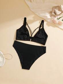 NudeFit 2pcs Plus Size Women Solid Color Metal Front Closure Fashion Lingerie Set - Black - View 4