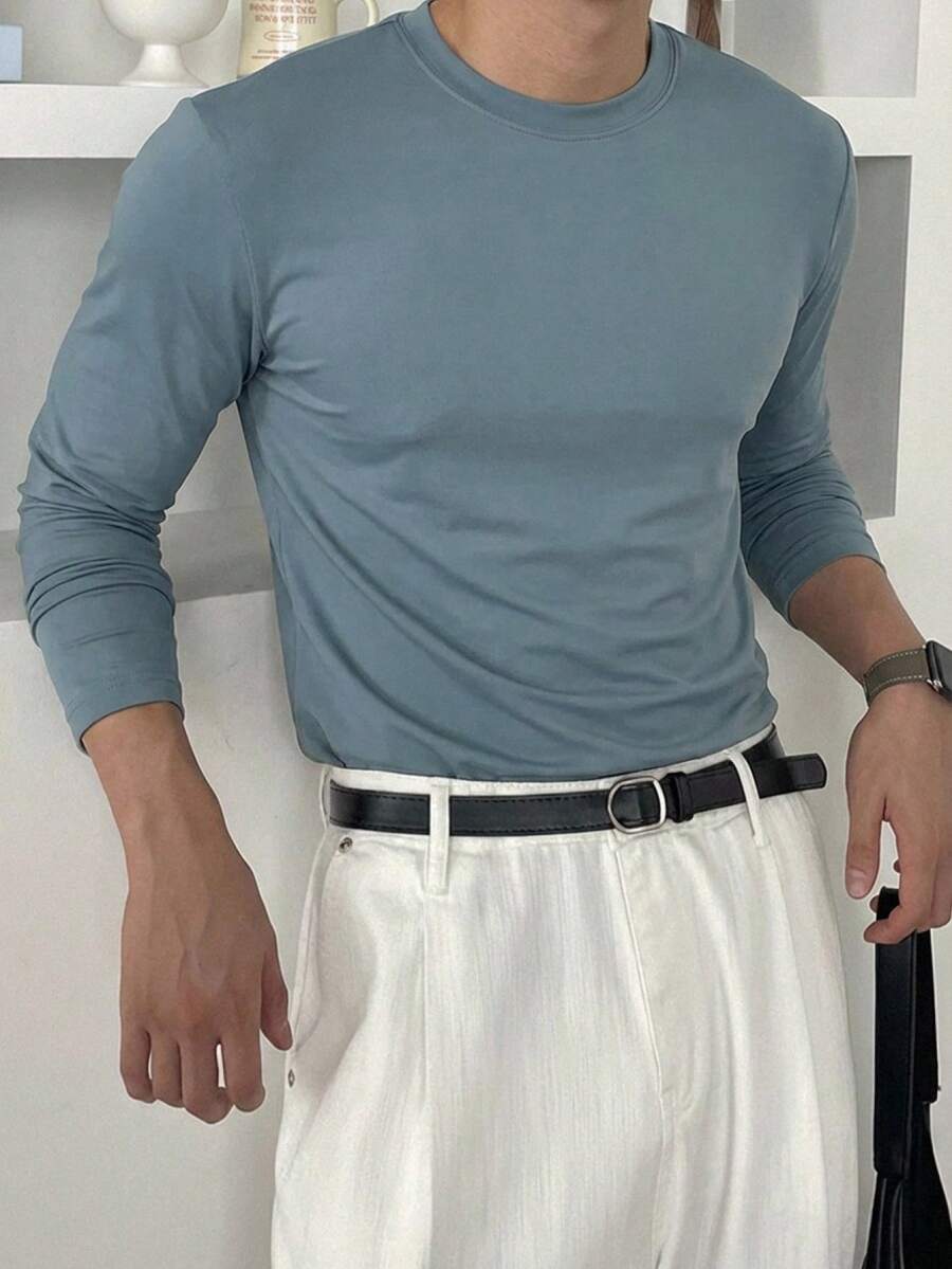 DAZY 男士轻薄纯蓝色T恤，春夏款 - 藍色 - 查看 1