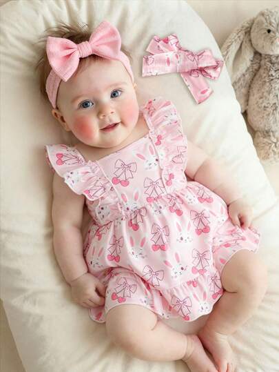 SHEIN 2件套新生女宝宝粉色卡通草莓格子连衣裙，配可爱蝴蝶结发带，0-3个月，柔软、弹力、舒适，荷叶边装饰，适合外出、度假、拍照、春夏穿着。