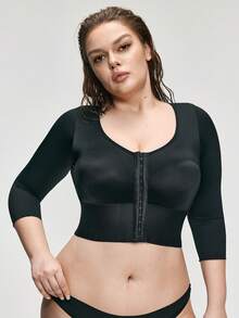 SHAPORA Plus Size Solid Color Front Button Fitted Crew Neck Shaping Top - Black - View 4