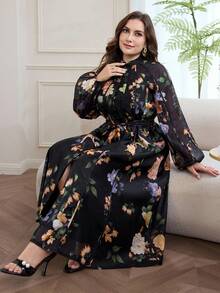 Modelyn Floral Print Stand Collar Long Sleeve Loose Regular Dress, Plus Size, Spring/Autumn - Multicolor - View 7