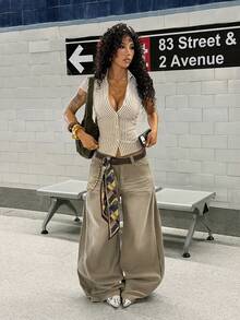 SHEIN HypeZone 女士休闲条纹短袖修身衬衫 - 杏色 - 查看 2