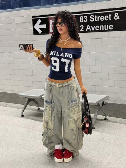StreetHx Women's Summer Off-Shoulder T-Shirt, MILANO 97 Number, Y2K Punk Style Rolled Hem Cut-Out Short Sleeve Crop Top, Navy Blue