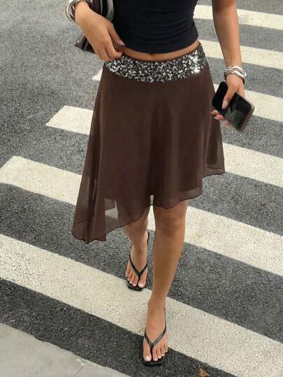 Aloruh Women's New Arrival Sequin Patchwork Chiffon Asymmetric Hem Romantic Vintage Y2K Style Skirt Vacation Outfits Women Summer Holiday Outfits Holiday Outfits Beach Vacation Outfits For Women Vacation Outfits For Women Summer Outfits For Women Summer Clothes Summer Outfits Summer Outfit For Women