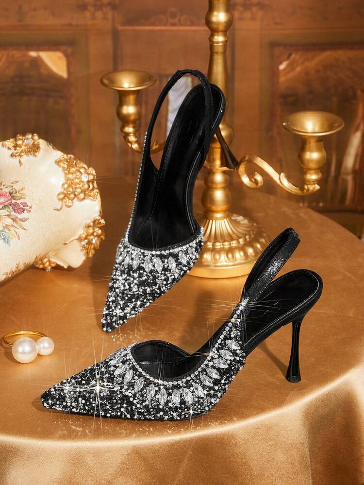 CUCCOO TILAWA Women Shoes Black New Pointed Stiletto Back Lift Fashion Gorgeous Rhinestone Sexy Banquet Party Night Club Women's High Heel Shoes Slingback Shoes Women's Shoes