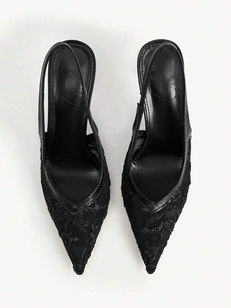 CUCCOO CHICEST Women Shoes New Pointed Stiletto Black Lace Mesh Back Strap Women's High Heel Shoes Fashion Simple Sexy Elegant Slingback Shoes After Party Women's Shoes