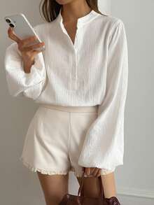 DAZY Women's Stand Collar Half-Placket Loose Lantern Sleeve Shirt - White - View 8