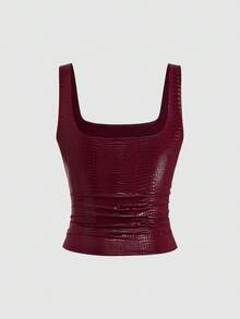 Sweetra 新款时尚酒红色鳄鱼纹压花PU涂层弹力街头风派对夜店通勤日常修身背心，女款，春夏 - 酒紅色 - 查看 2