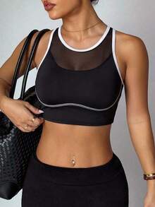 Gameset SHEIN Sport Women's Sports Bra With Front Panel Contrast Stitching,Removable Pads,Summer Athleisure Gym Outfit For Running,Yoga,Tennis,Golf,Black And White Top - Black - View 6